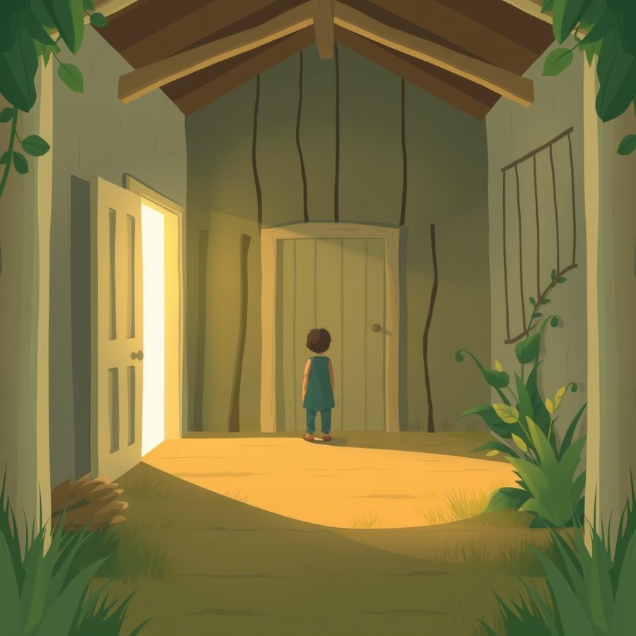 Illustration: a small figure stands in the open doorway of a village house, light spilling onto the ground.