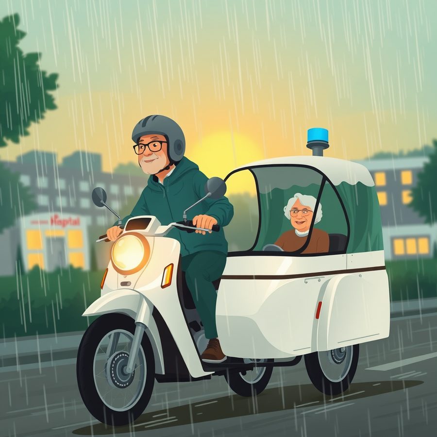 Illustration: a man in a grey helmet rides a white motorcycle with a covered sidecar through heavy rain at night.