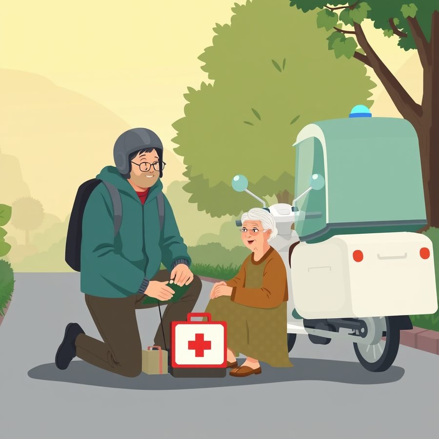 Illustration: a man in a grey helmet kneels beside an elderly woman on a village road, a first aid kit open beside them.