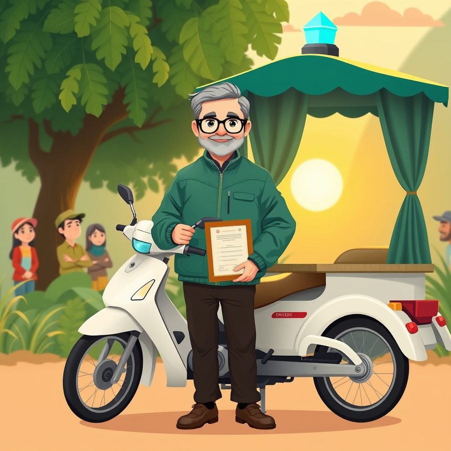 Illustration: a middle-aged man with glasses stands proudly beside a white motorcycle with a covered sidecar, holding a framed certificate.
